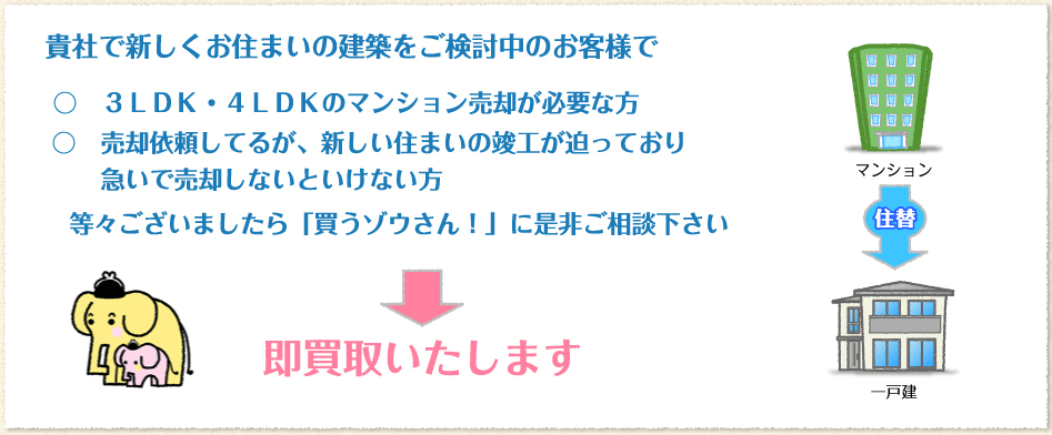 新しくお住まいを建築をご検討中のお客様で3LDK・4LDKのマンション売却が必要な方、売却依頼してるが、新しい住まいの竣工が迫っており急いで売却しないといけない方等々ございましたら「買うゾウさん！」に是非ご相談下さい